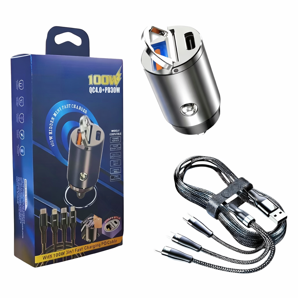Cargador Rápido de Coche de 100W – Dos Puertos USB + Cable de Carga PD 3 en 1