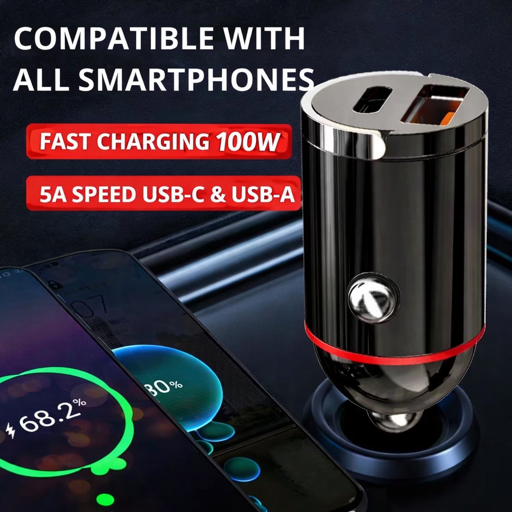 Cargador Rápido de Coche de 100W – Dos Puertos USB + Cable de Carga PD 3 en 1