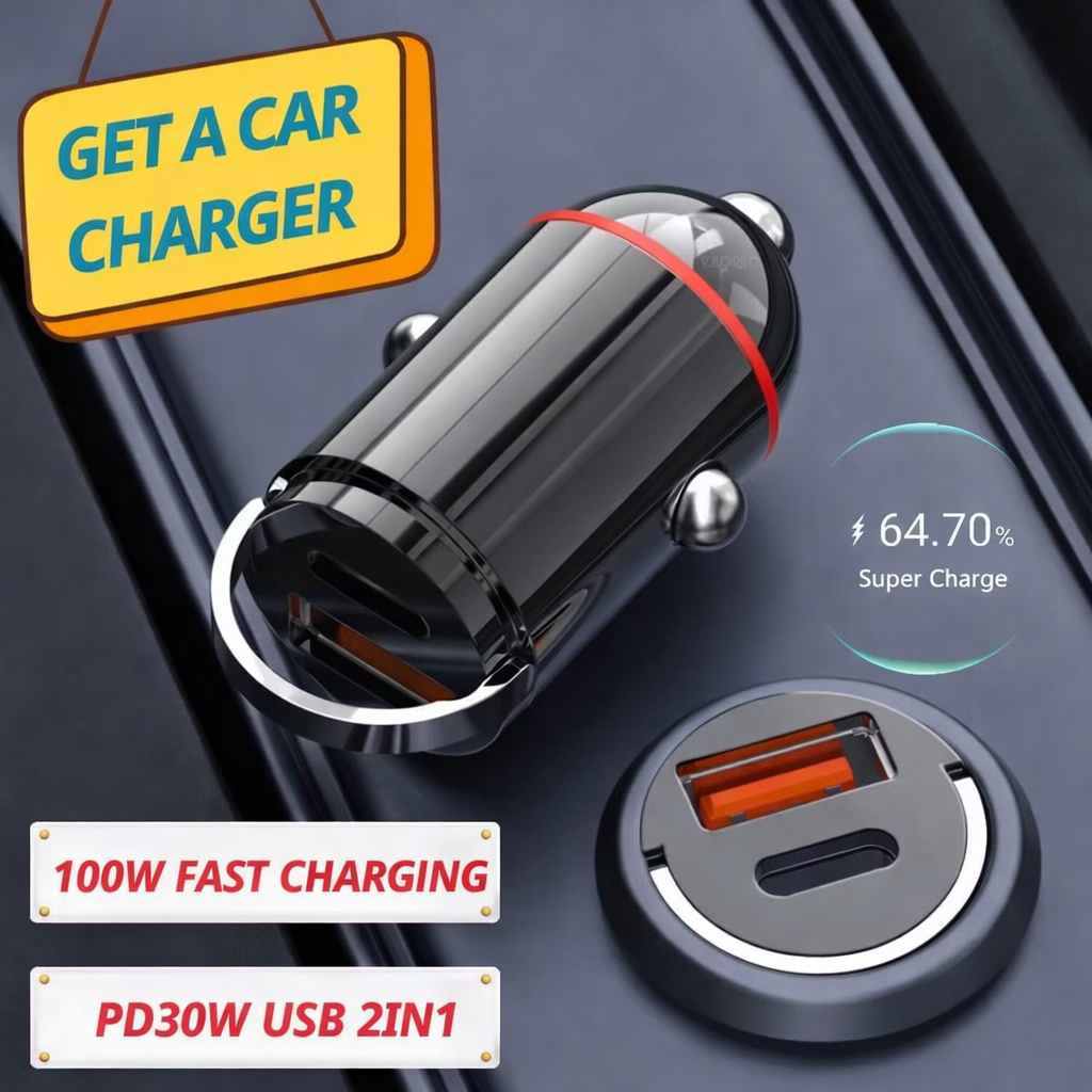100W Car Fast Charger – Two USB Ports + 3-in-1 PD Charging Cable
