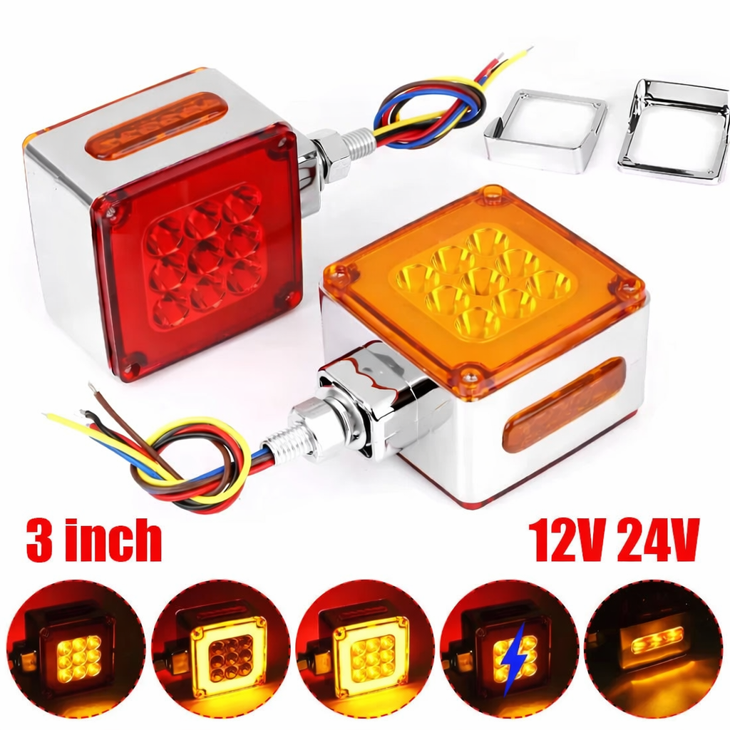 3-inch square LED lights, double-sided flashing LED turn signals, 12V/24V, emits red and amber light.