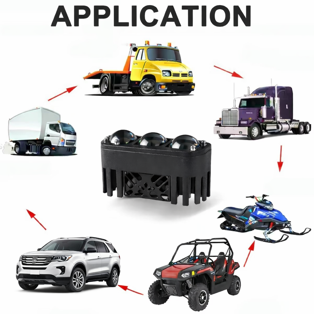 High-power 3-LED headlight, mini heat sink, 12V/24V – Sporty design. Compatible with trucks, pickups, SUVs, Jeeps, vans, trailers, ATVs/UTVs, and work vehicles,...