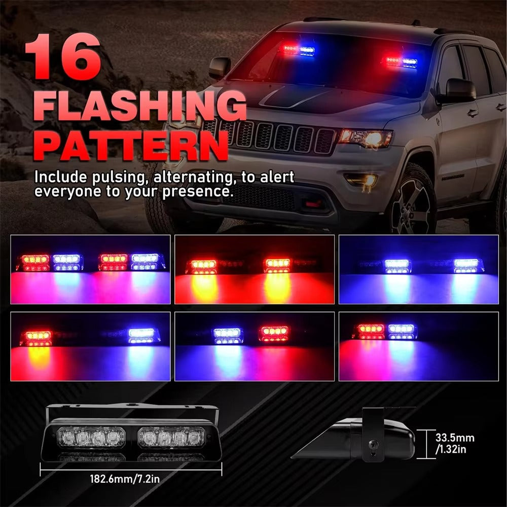 Luz estroboscópica LED con soporte de ventosa – Luz de emergencia LED de 16 para parabrisas de camiones, compatible con Ford F150/Ranger,... (no necesita imán)