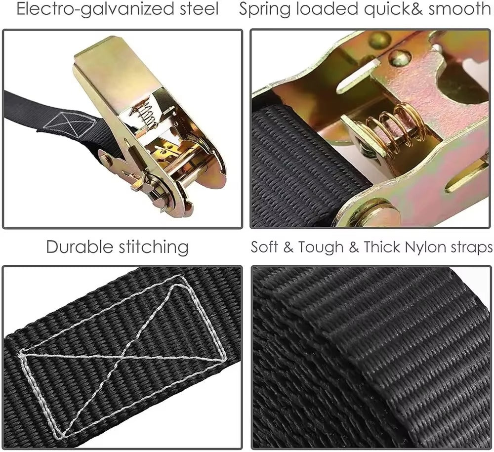 Cargo lashing straps with ratchet buckle, 25mm/6m high-strength straps, 0.8-ton tensile strength, polyester material.