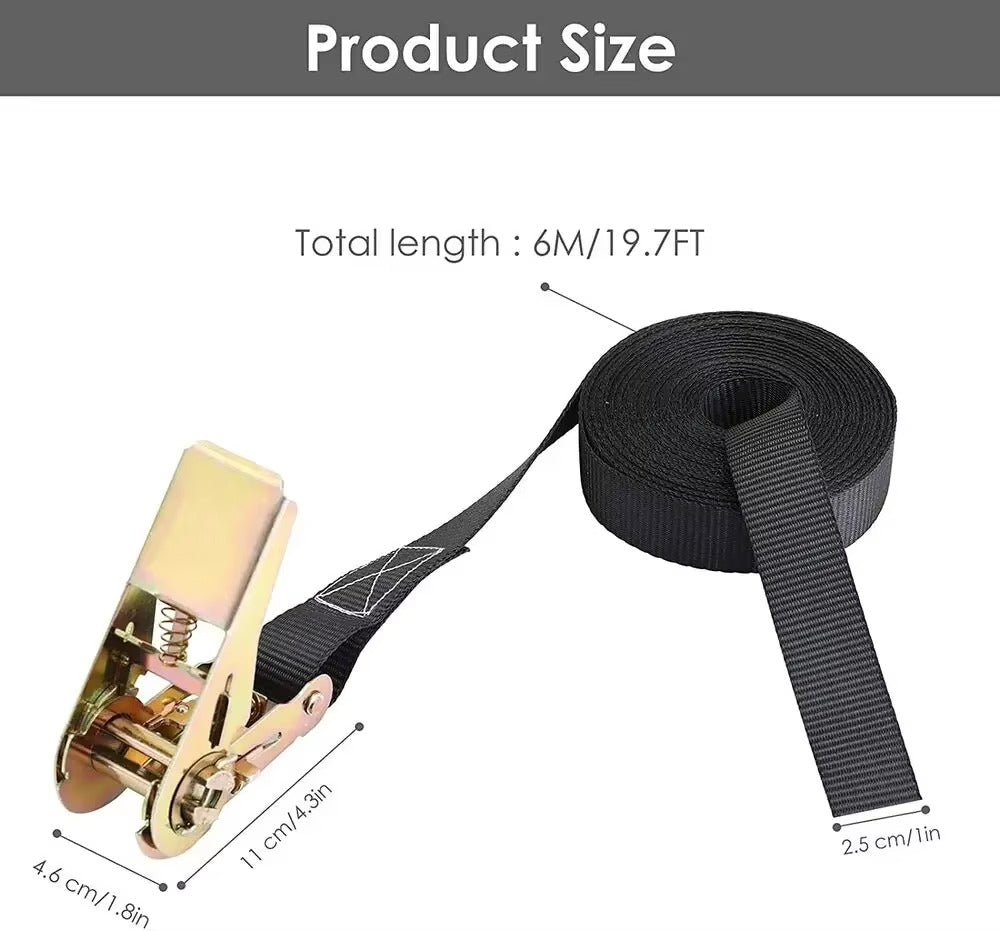 Cinchas de amarre de carga con hebilla de carraca, cinchas de alta resistencia de 25 mm/6 m, resistencia a la tracción de 0,8 toneladas, material de poliéster.