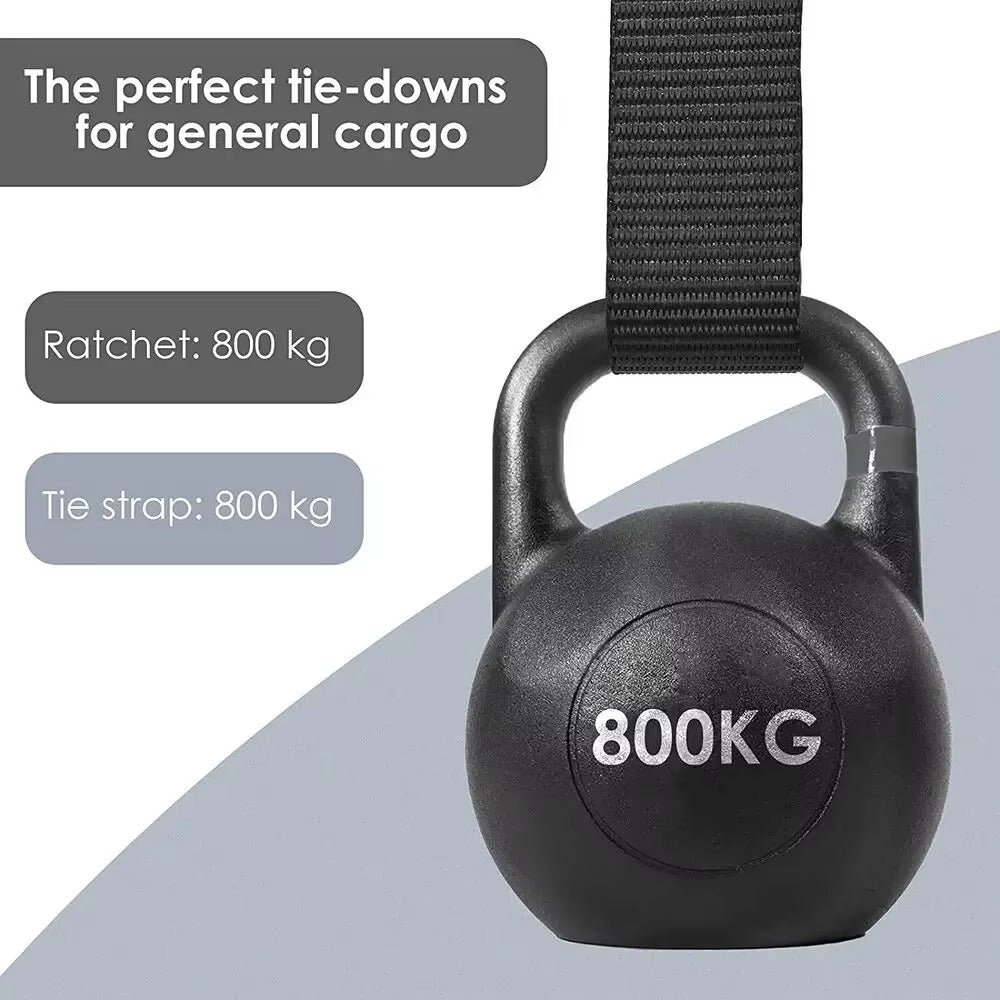 Cargo lashing straps with ratchet buckle, 25mm/6m high-strength straps, 0.8-ton tensile strength, polyester material.