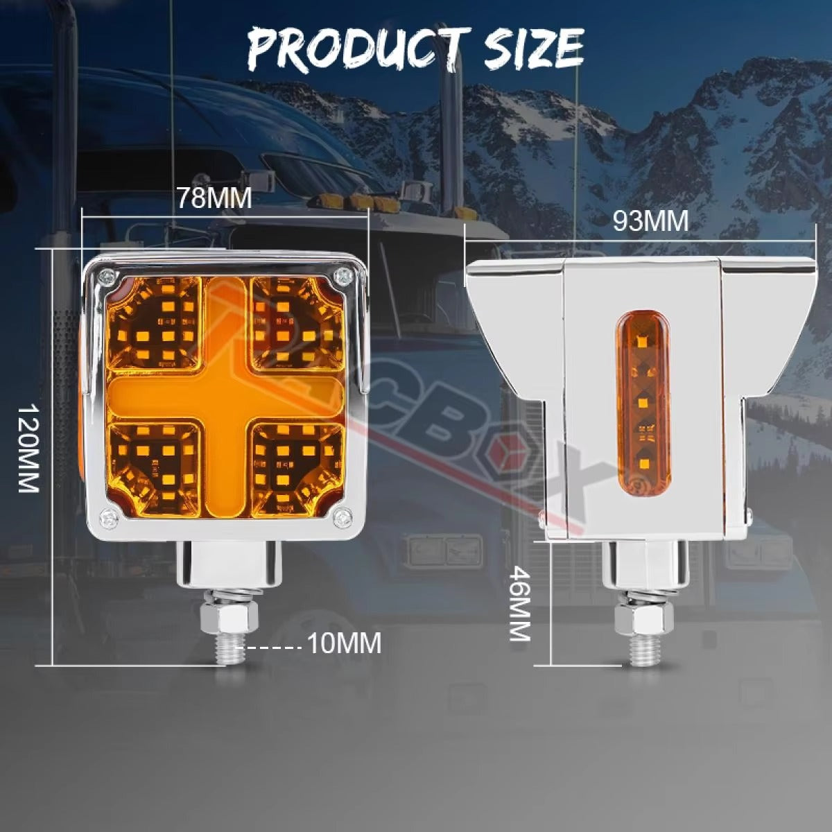 3-inch square double-sided 12V/24V flashing LED warning light for trucks, dump trucks, trailers, Peterbilt, Kenworth, Freightliner,.v.v..