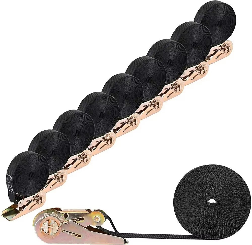Cargo lashing straps with ratchet buckle, 25mm/6m high-strength straps, 0.8-ton tensile strength, polyester material.
