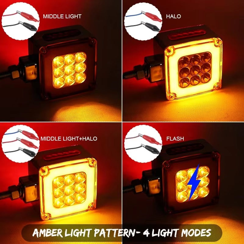 3-inch square LED lights, double-sided flashing LED turn signals, 12V/24V, emits red and amber light.