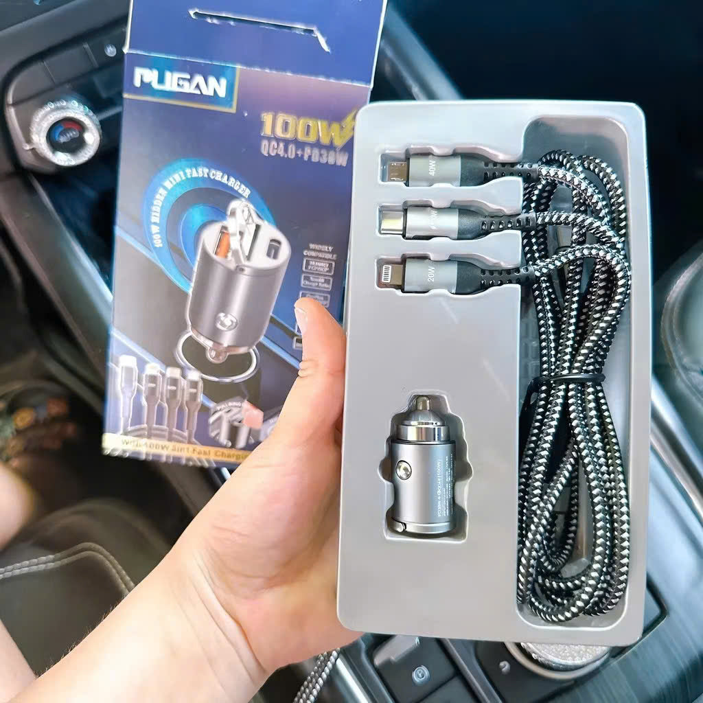 Cargador Rápido de Coche de 100W – Dos Puertos USB + Cable de Carga PD 3 en 1
