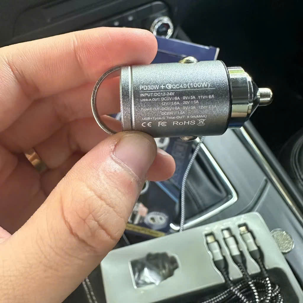 100W Car Fast Charger – Two USB Ports + 3-in-1 PD Charging Cable